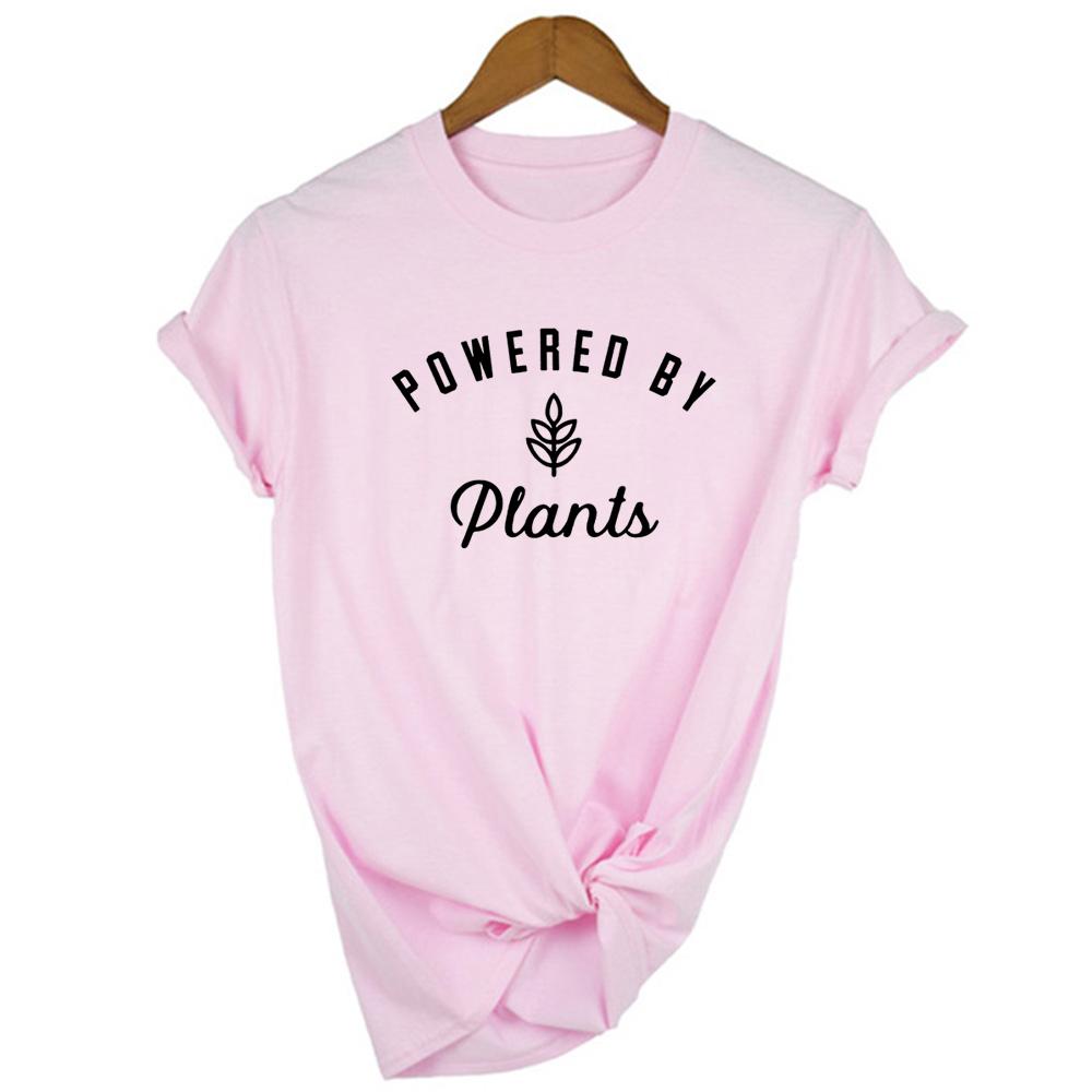 Powered By Plants Women T Shirt Round Neck Vegan Gift Shirts Graphic Tee Garden Vegetable Tumblr