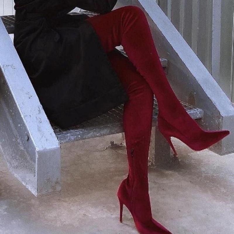Velvet Over Knee Boots for Women Spring Autumn Pointed Toe Stiletto Heels Elastic Thigh High Plus Size 34-43