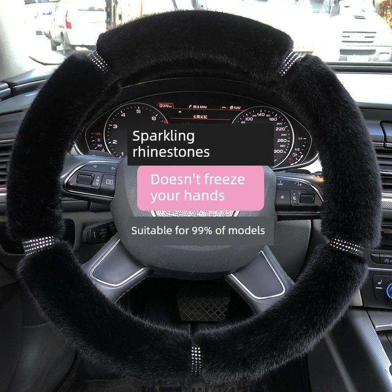 Car Steering Wheel Cover Winter Plush Female Korean Cute Universal Fashion Pink Gray Black Diamond-Studded Handlebar Cover
