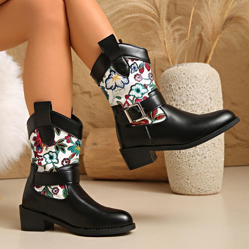 Women's Wide Width Floral Print Martin Boots, Vintage Color Block Ankle Boots, Retro Fashion Lace-Up Booties for Women