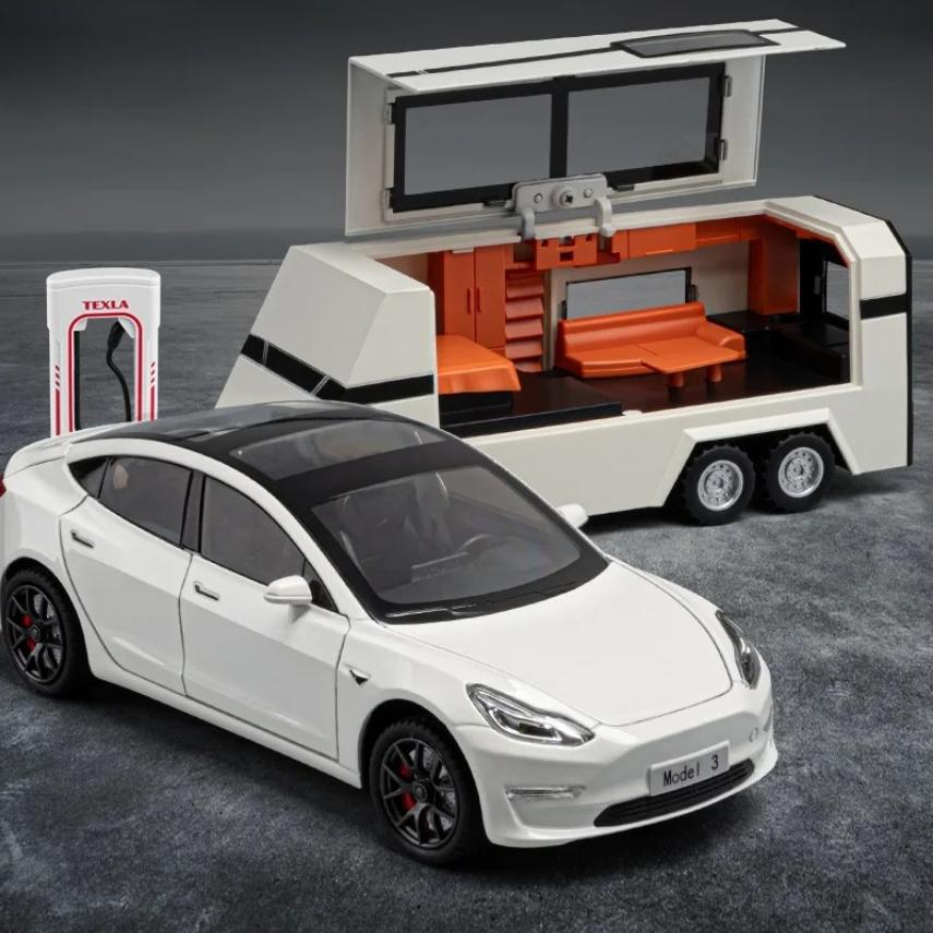 1/24 Scale Tesla Model3 Towing RV Alloy Model, Open Door Car Ornaments for Children's Sound and Light Toys To Give Gifts To Boys