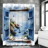 Watercolor Blue Window Ocean Mountain Lighthouse Shell Shower Curtain, Bathroom Decorative Shower Curtain, Waterproof Shower Cur