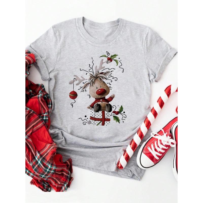 Damen Weihnachten Rentierdruck T-Shirt Lässig O-Ausschnitt Kurzarm T-Shirt Niedliches T-Shirt Schwarz Geeignet für Alle Jahreszeiten T-Shirt Tops