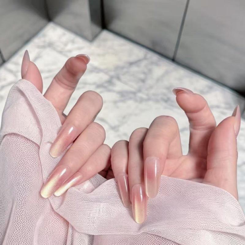 Peach Gradient Cat Eye Nails - Champagne Gold Sand False Nails
