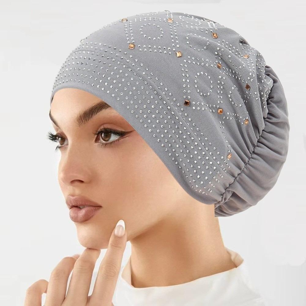 Rhinestone Turban Hat Mesh Indian Headscarf Fashion Headwrap Cap  Travel серый