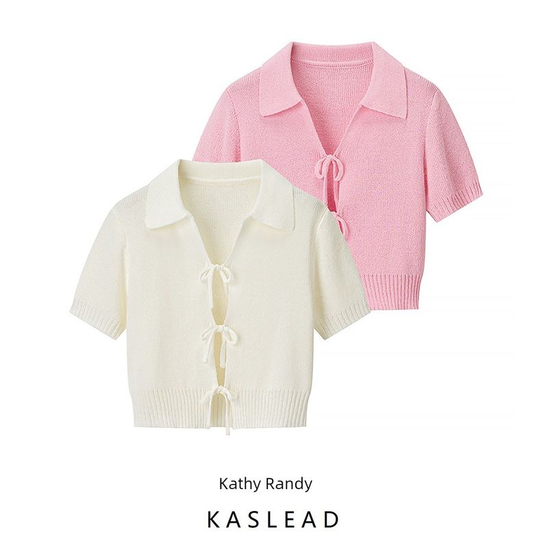 Kaslead New Women clothes Western Style Fashion Simple and Versatile Short sleeve Lace up Knit cardigan