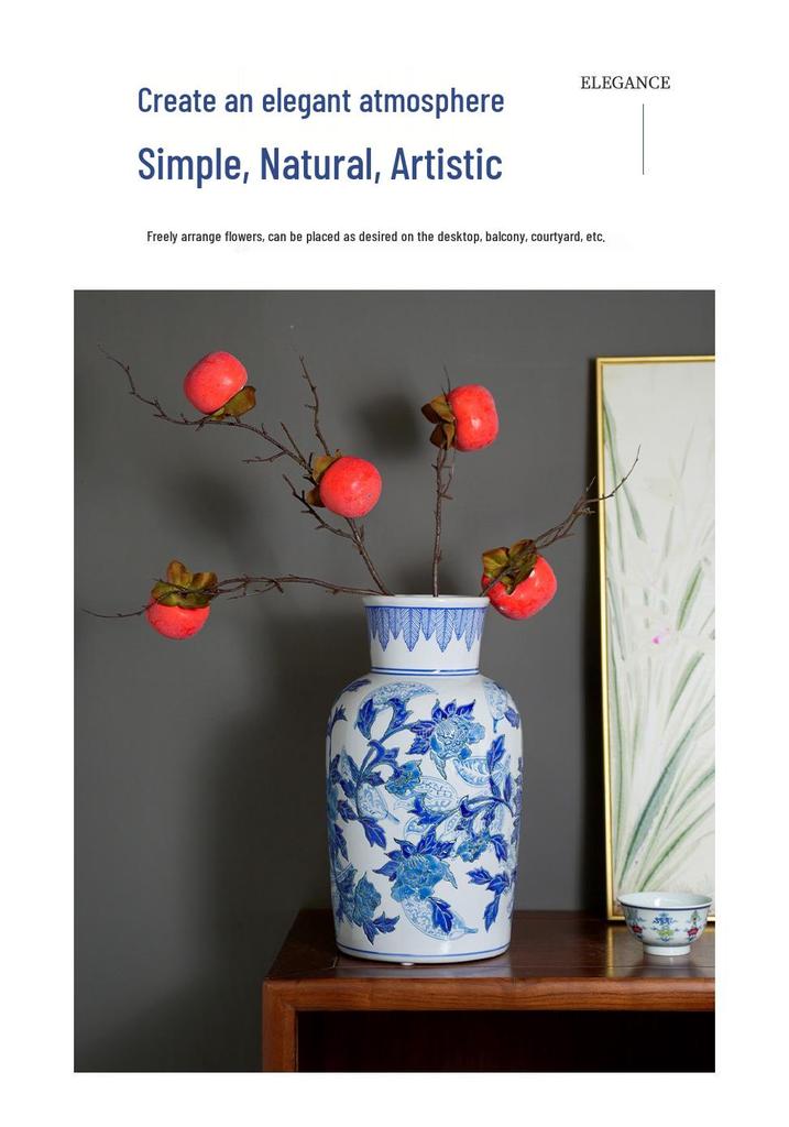 Blue & White Hand-Painted Porcelain Vase: Elegant Ceramic Ornament for Living Room or Entryway.