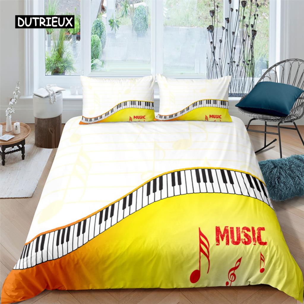 Piano Keys King Queen Duvet Cover 3D Cartoon Musical Notes Bedding Set for Kids Teens Adult Fashion Music Polyester Quilt Cover