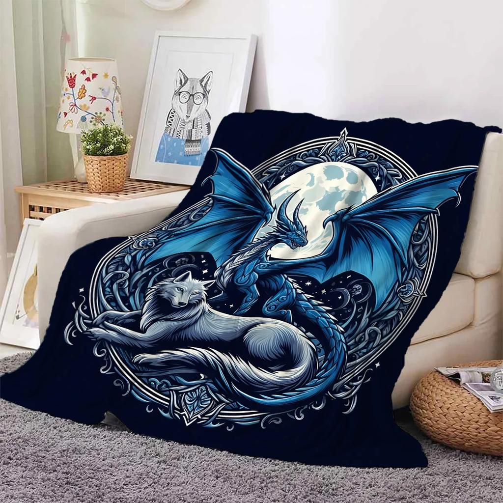 1pc Fantasy Dragon and Wolf Print Thickened Flannel Blanket Warm Skin-friendly Soft Sofa Bed Blanket Suitable for All Seasons