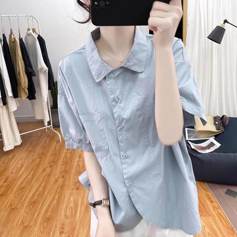 

Women s Minimalist White Turn Down Collar Pocket Short Sleeve Blouse M синій