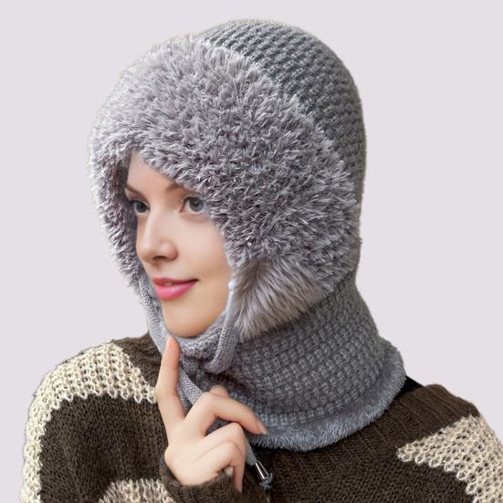 Gestrickte Kopfbedeckung Einfarbig 3-in-1 Damen Strickmütze Schal Gesichtsschutz Winddicht Skifahren Wandern Fleecegefüttert Winter Stirnband