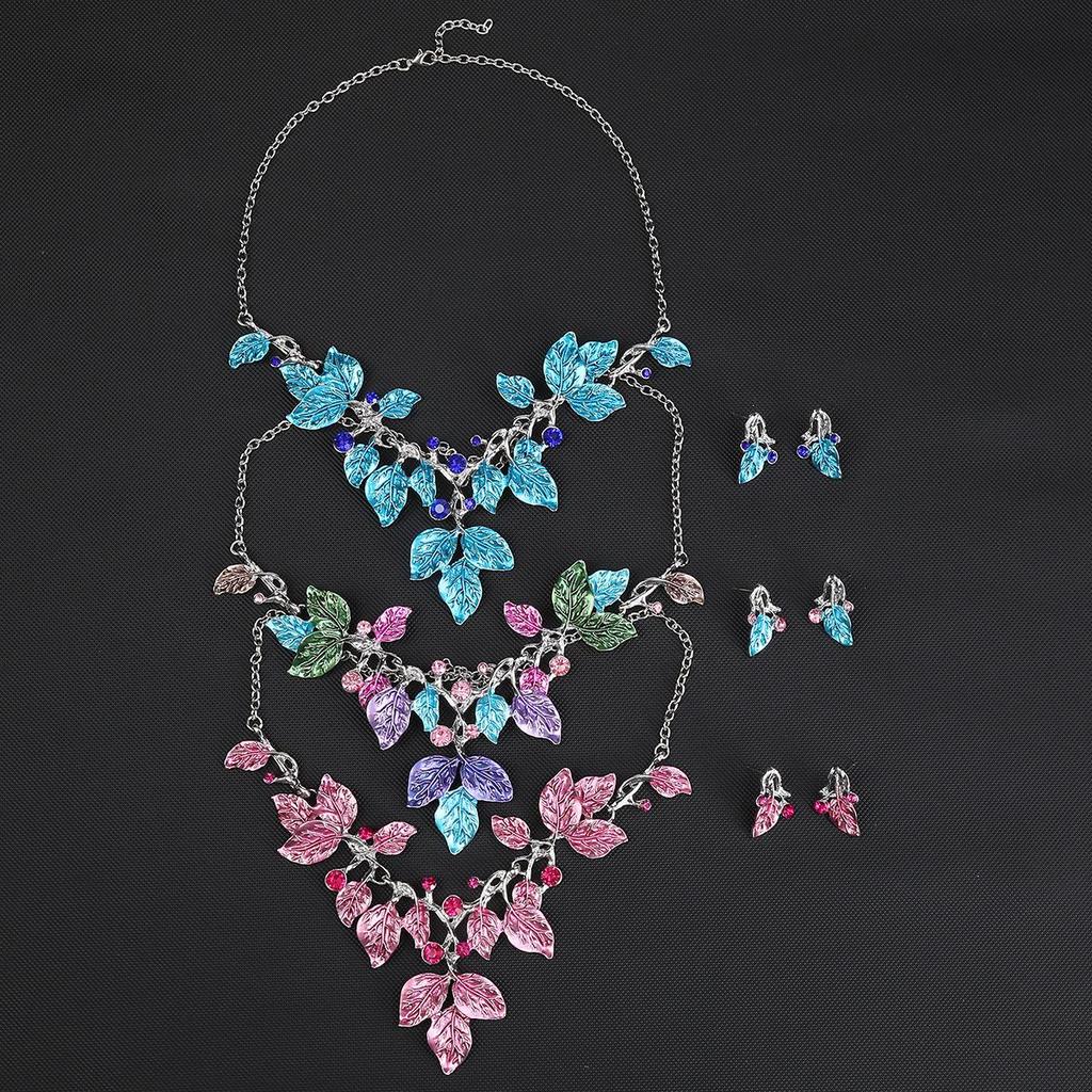 European-American Colorful Leaf Diamond-Encrusted Enamel Alloy Necklace Set