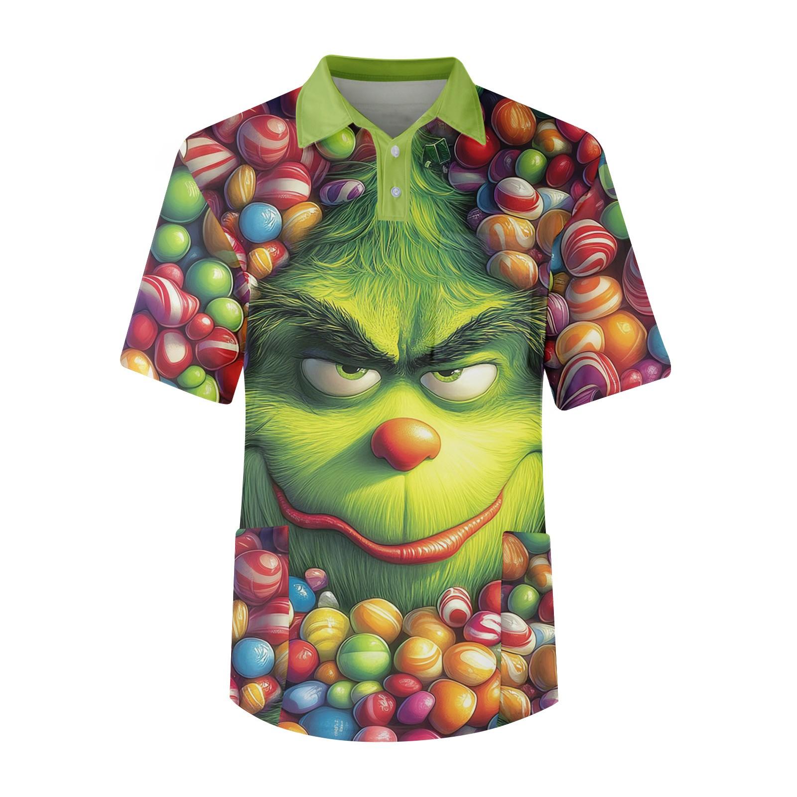 

Мужской топ с коротким рукавом, пуговицами, лацканами, рождественским принтом, нагрудным карманом, Dry-nurse L светло-зеленый