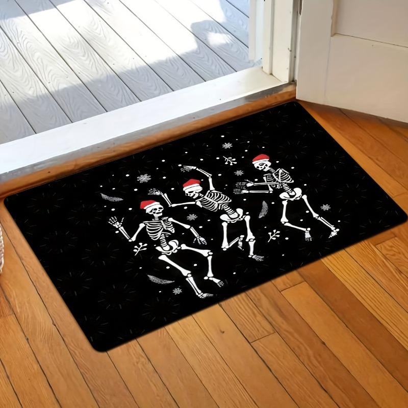 Festive Skeleton Rave Christmas Doormat Soft Flannel with Non-Slip Backing Absorbent Indoor Mat Home Entrance Holiday Decor Mat