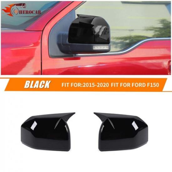 2PCS Glossy Black Rear View Mirror Covers Shells Guard Decor For 2015+ Ford F150
