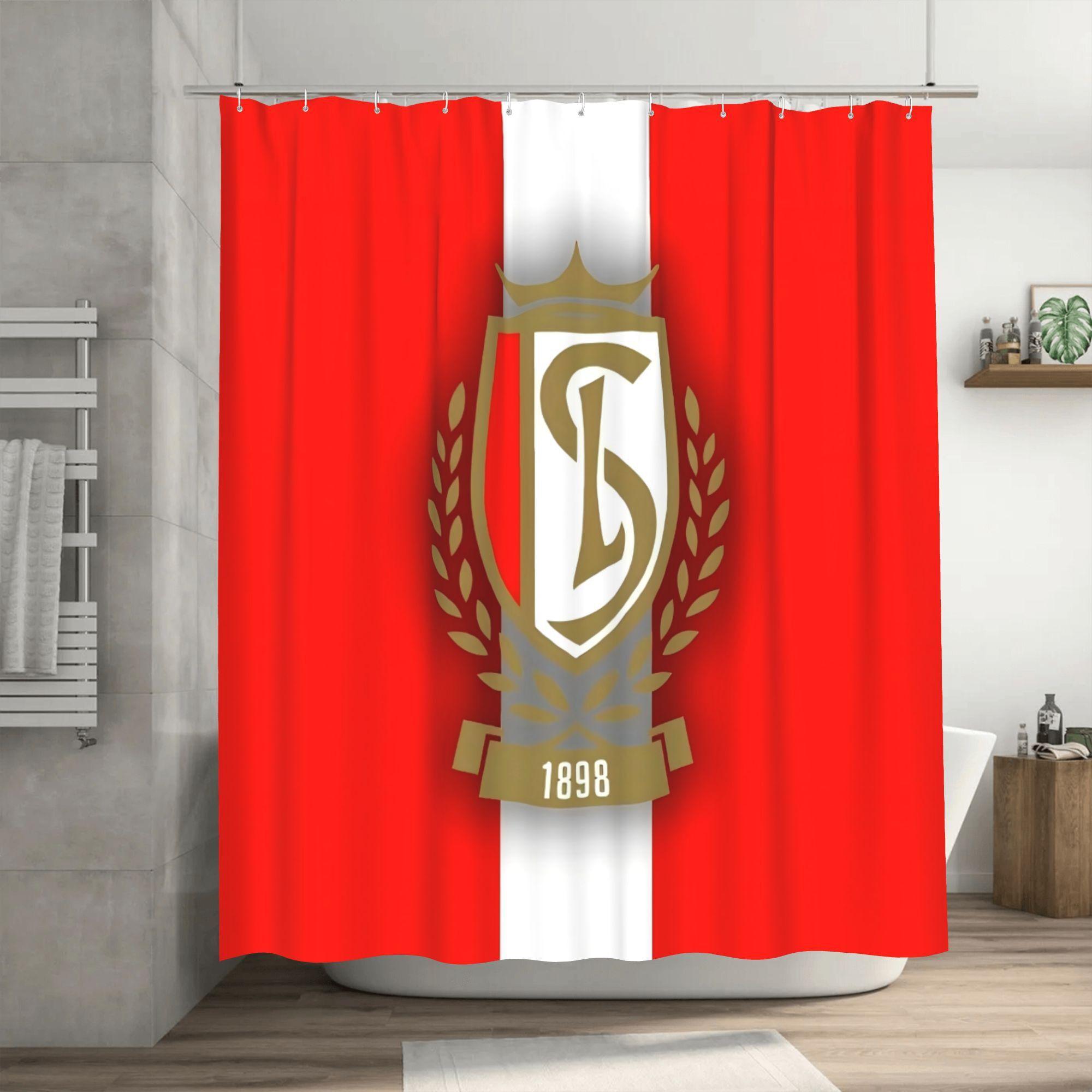 

Standard De Liège Inspired Fashion Shower Curtain With Hooks - Red & White Striped Design, Golden Emblem, Durable Polyester W60H190(CM)-1 Pcs