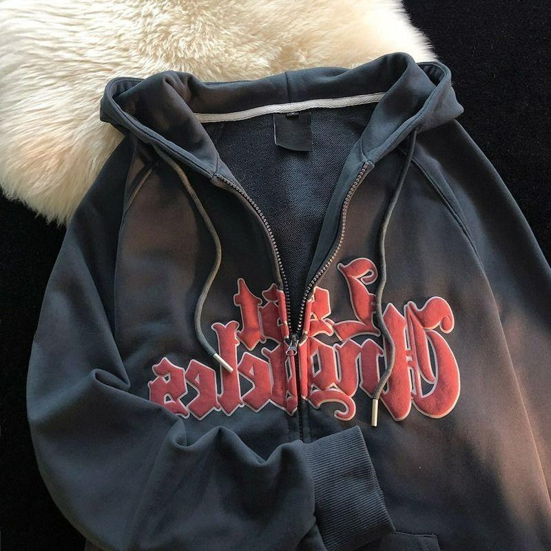 

Ретро американский свитер большого размера с буквенным принтом, кардиган, толстовка для женщин Y2K, уличный хип-хоп, свободный кардиган, куртка на молнии 2023 M серый