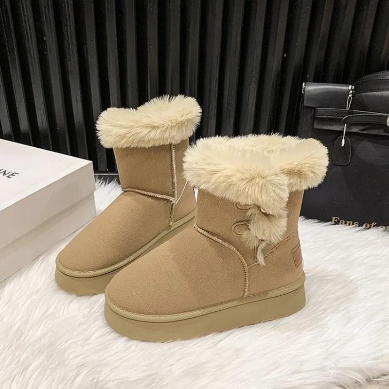 Fashion Winter New Thick Snow Boots Women Fashion Round Head Suede Horn Buckle Anti-slip Wear-resistant Mid-calf Boots
