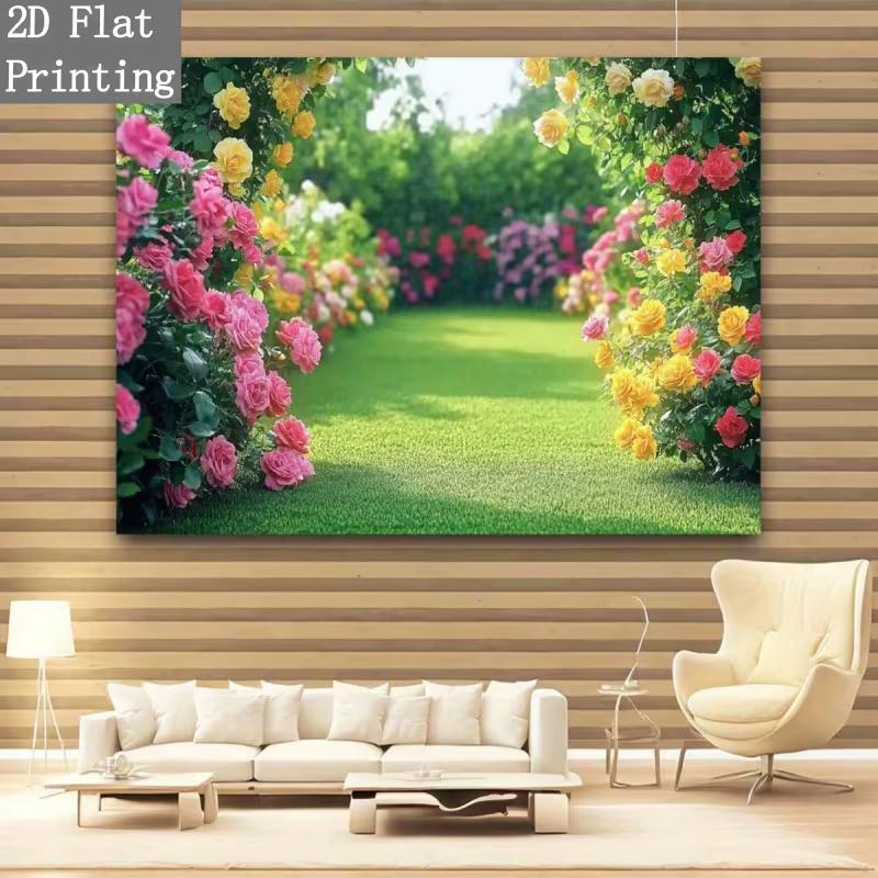 2D Floral Backdrop Green Lawn Rose Garden Party Background