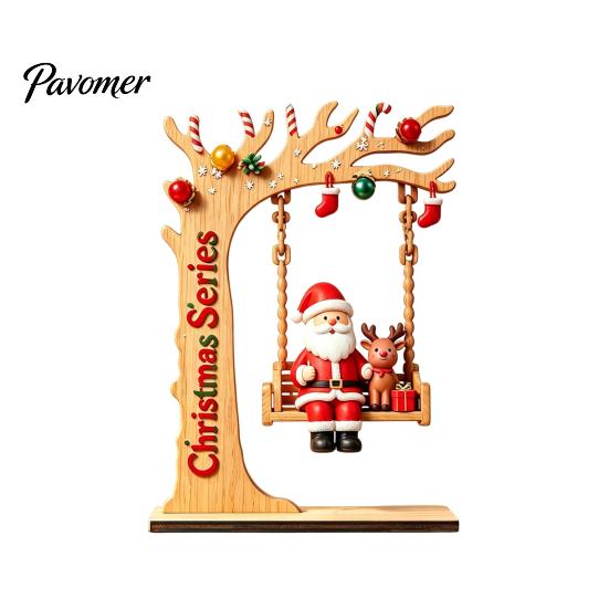 Unique Wood Craft Gift Wooden Swing Ornament with Santa Claus/Bear for Christmas, Tabletop Natural Grain Ornaments Claus Figurine Home Living