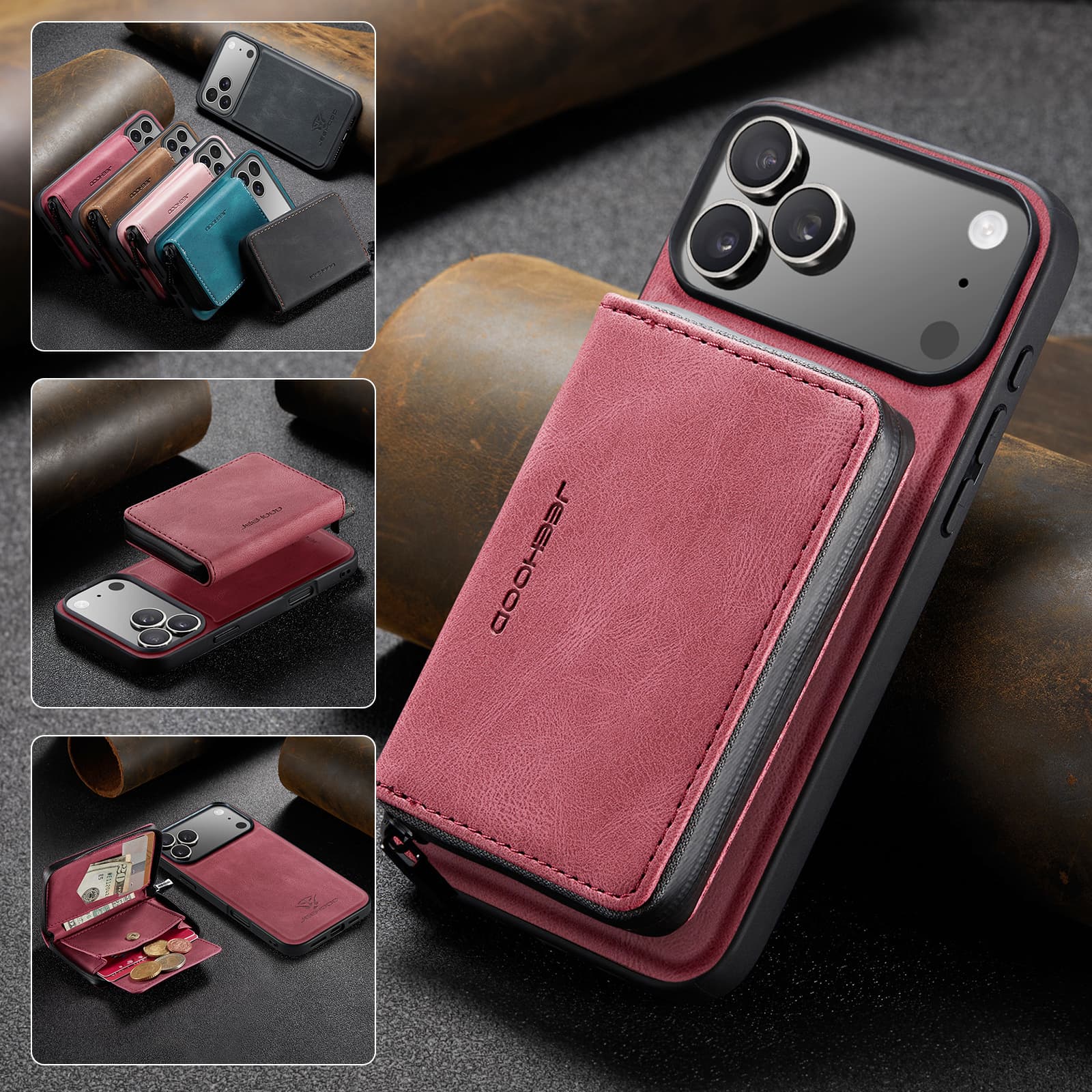 Magnetic Leather Case for iPhone 17 Pro Max Air 16E 16 Plus 15 14 13 12 Mini 11 Detachable Zipper Card Slot Wallet Holder Cover iPhone17 красный