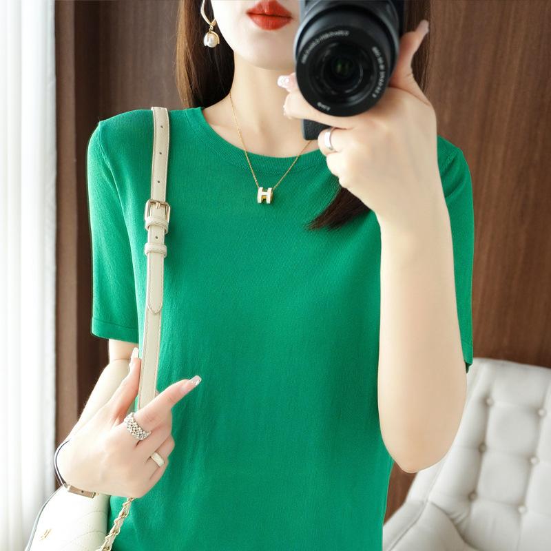 Round Neck Ice Silk Short-sleeved Knitted T-shirt Hot Season Loose Half-sleeved Thin Solid Color Versatile Temperament Top