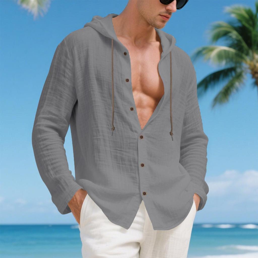 Men's White Hooded Shirt - Lightweight Summer Beach Vacation Wear with Drawstrings & Relaxed Fit.