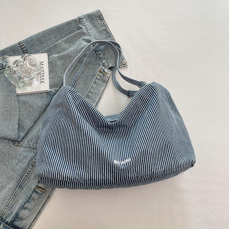 

Korean-Style Striped Denim Tote Bag: Large Capacity, Single Shoulder, Zippered for Women.