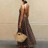 Women Brown Polka Dot Backless Spaghetti Strap A Line Maxi Vacation Dress