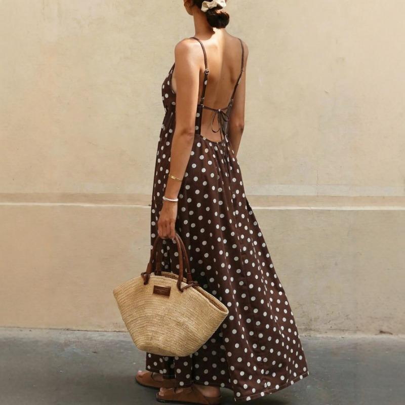 Women Brown Polka Dot Backless Spaghetti Strap A Line Maxi Vacation Dress
