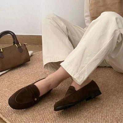 Sheepskin Retro Small Gold Buckle Genuine Leather Matte Flat-bottomed Loafers Female British One-pedal Lazy Beanie Shoes Small Leather Shoes