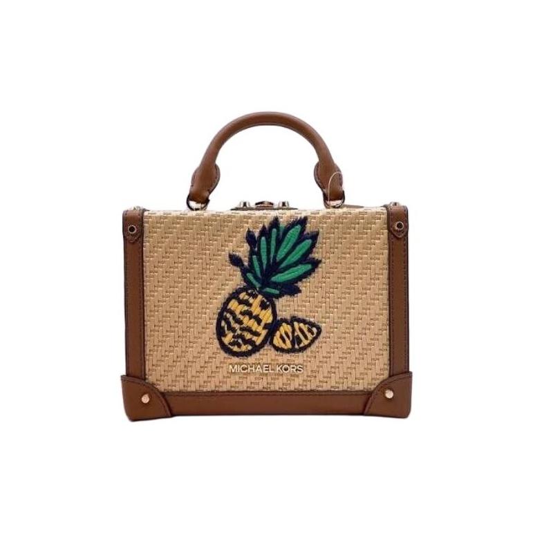 Michael Kors Island Escape Woven Pineapple Print Color Block Vacation Style Leather Small Square Bag Women Handbags Brown 35T1G5IC2W-NATURAL-MLT