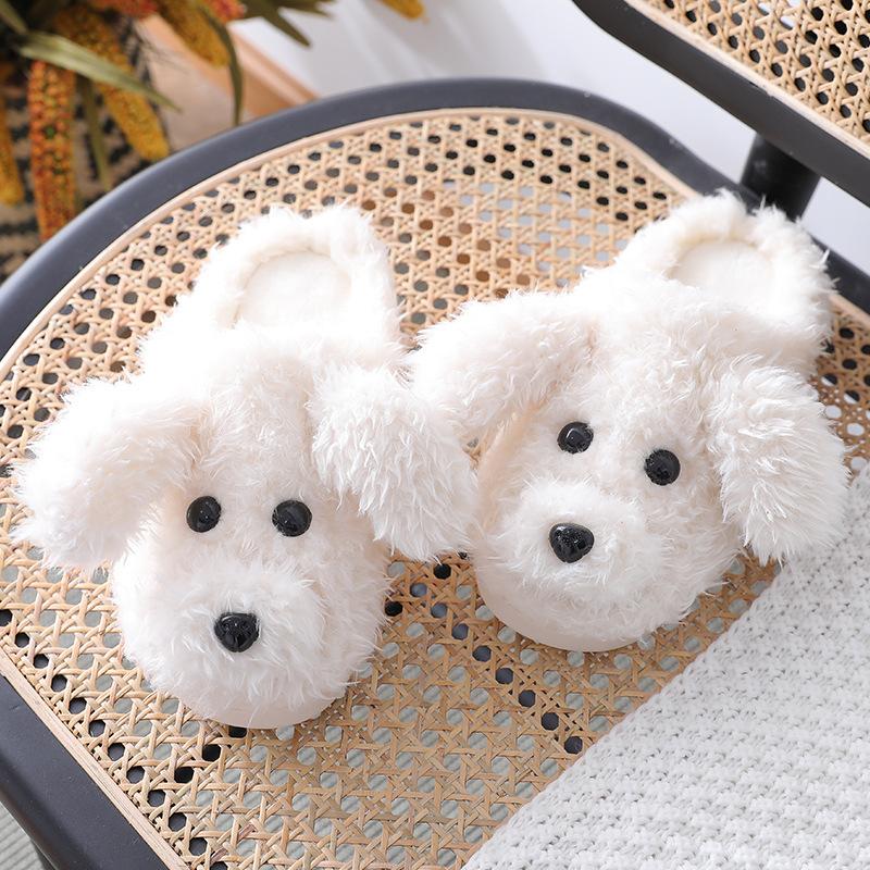 Fashion Winter House Warm Fur Slippers For Women Cute Dog Desginer Bedroom Flat Ladies Plush Shoes Indoor Cartoon Women Furry Slippers F
