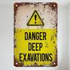 Vintage Weathered Danger Deep Excavations Metal Tin Sign Rustic Warning Plaque with Yellow Triangle and Exclamation Mark for Hom
