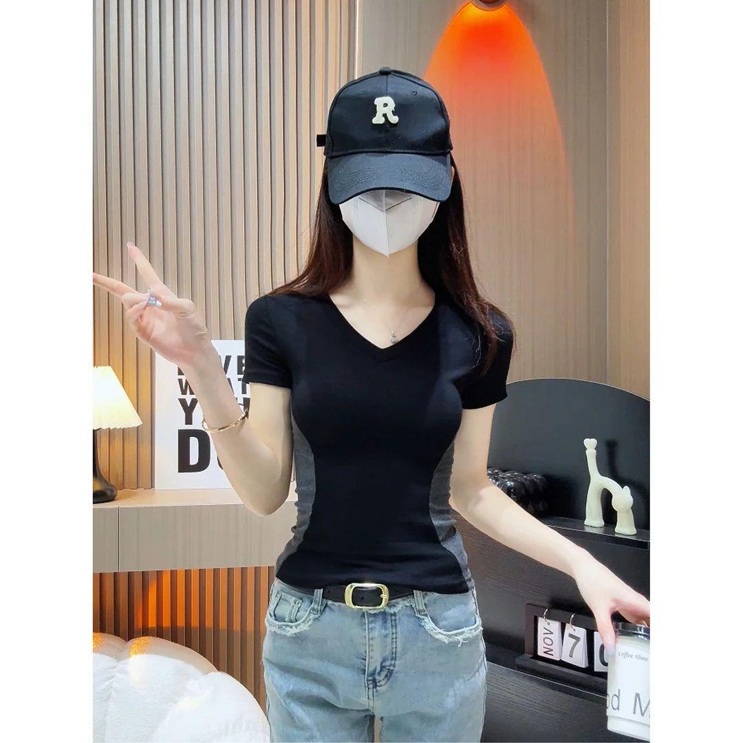

Women s Black V-Neck Slim Fit Short Sleeve T-Shirt - Korean Style Summer Top Large