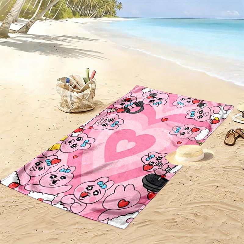 Whimsical Pink Heart-shaped Rabbit 2D Flat Print Beach Towel, Large Soft Quick Dry Towel for Beach Camping SwimmingZSTJ0915427