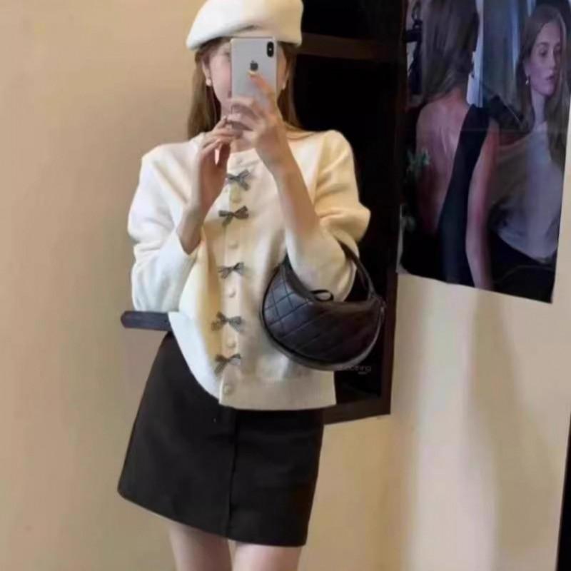 Korean Style Bow Button Knit Cardigan Women Soft Long Sleeve Round Neck Fall Sweater