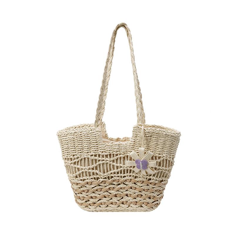 

Соломенная сумка женская большая вместительная полая пляжная плетеная сумка через плечо сумка-тоут бежевый