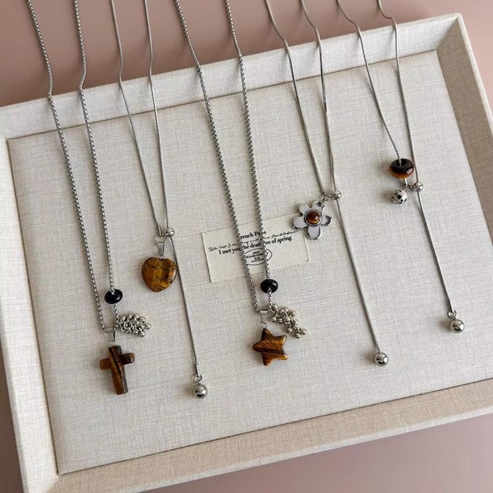 Multi-layered Pendant Necklace Tiger Eye Stone Bohemian Sweater Chain Punk Choker  Party