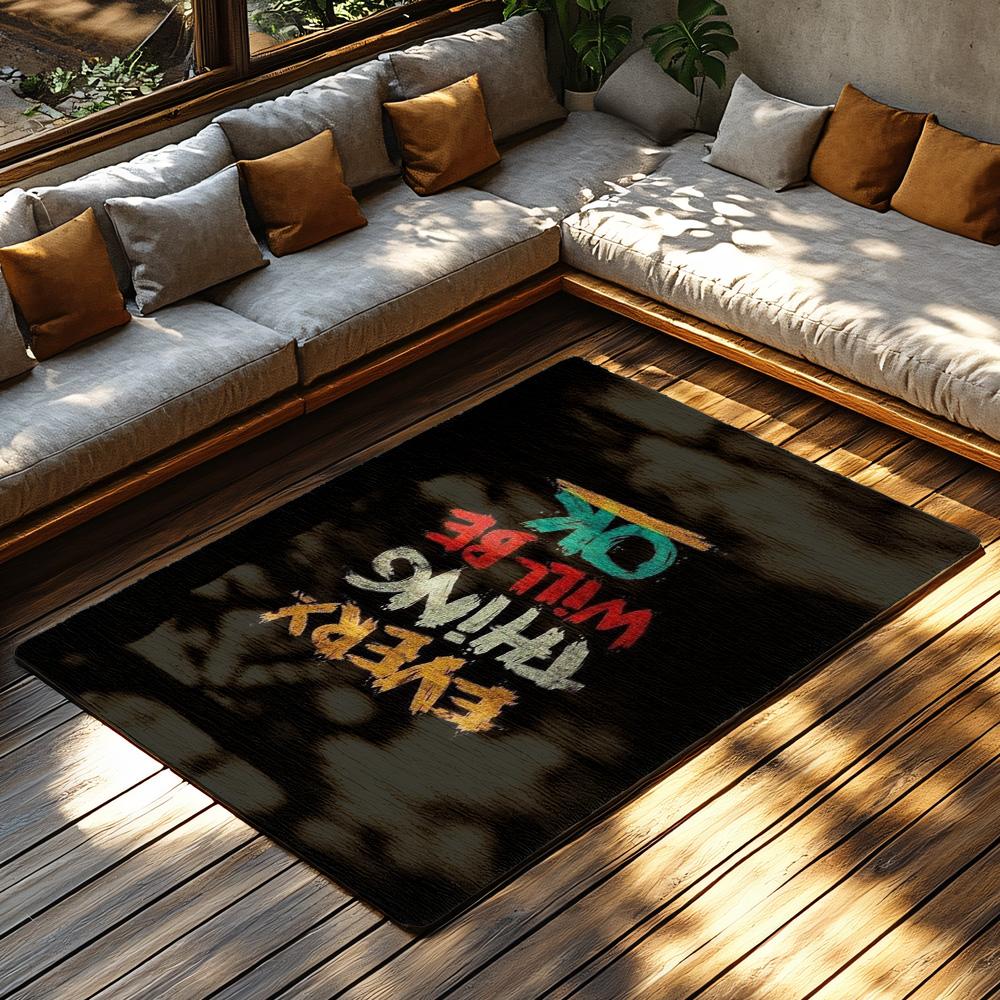 Everything Will Be OK Inspirational Rug, Black Multicolor Letter Carpet for Living Room, Soft Non-Slip Sofa Mat with Decor