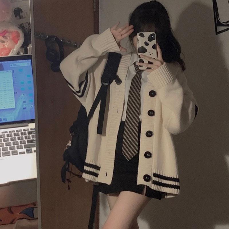 Fashion Versatile College Style Knitted Cardigan Women's Autumn and Winter V-Neck Contrasting Striped Sweater Jacket Loose Large Size