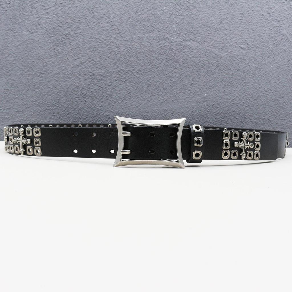 Heavy-Duty Cowhide Leather Belt with Double-Needle Rivets and Hollow Eyelets