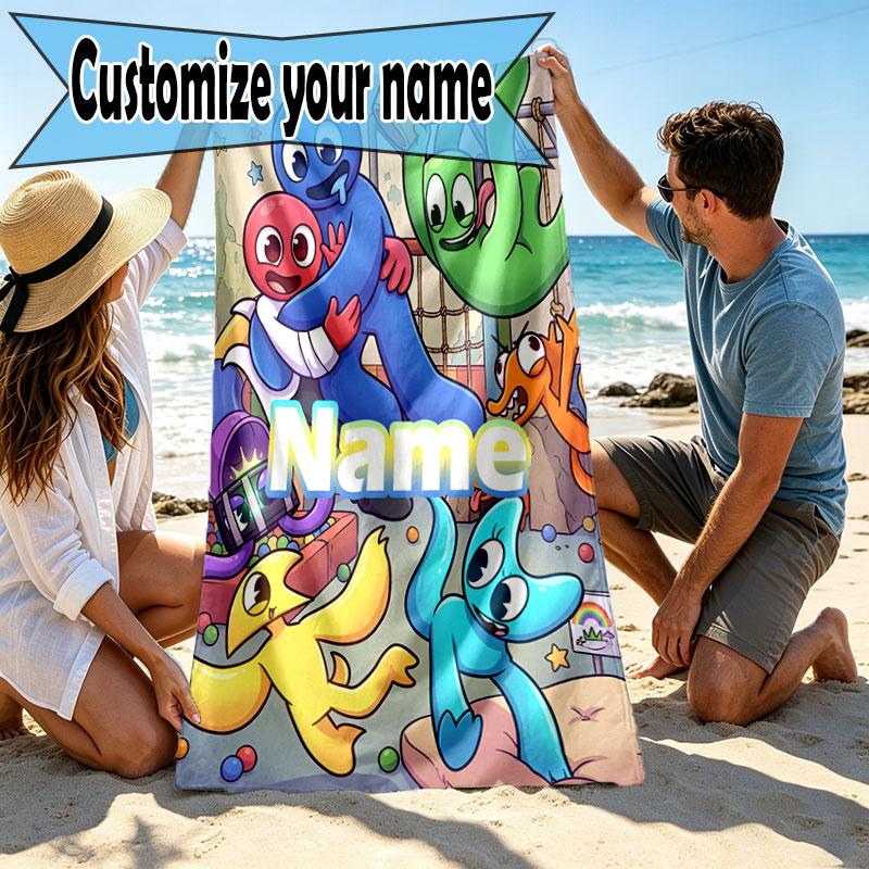 Custom Name Personalized Game Rainbow Friends Print Beach Towel, for Trip Camping Beach Party Home Decor, Birthday Gift for Family & Friends