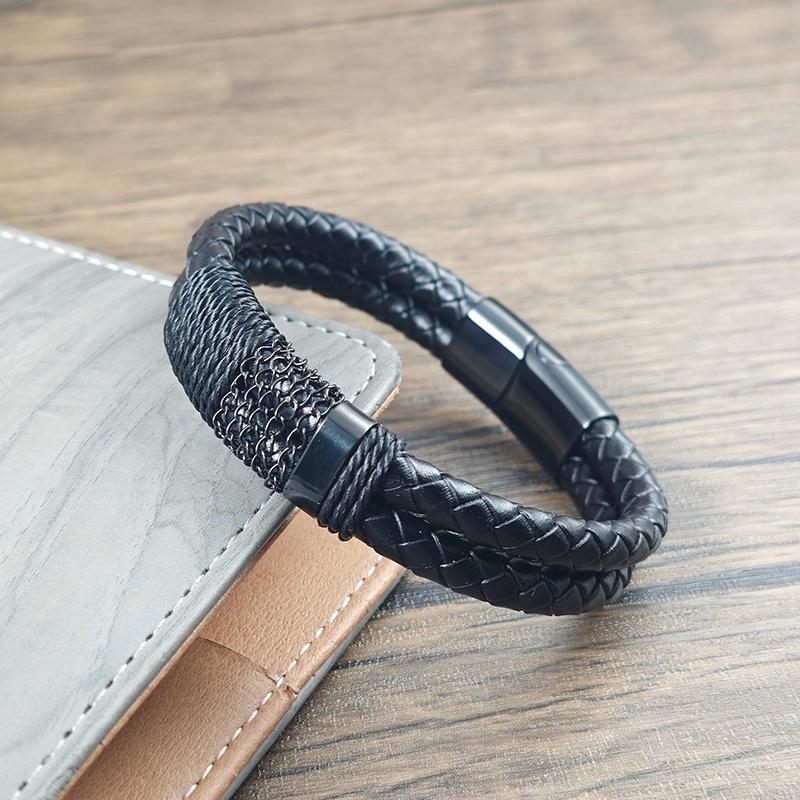 Black Braided Leather Bracelet for Men Stainless Steel Chain Detail Magnetic Buckle Fashion Male Jewelry Birthday Gift