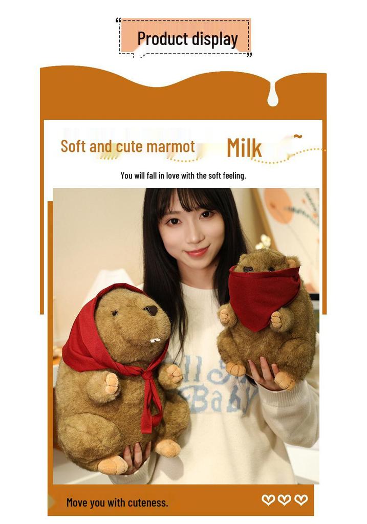 Red Scarf Marmot Plush Toy - Cute Mouse Figurine & Realistic Beaver with Big Incisors, Perfect Kids' Birthday Gift