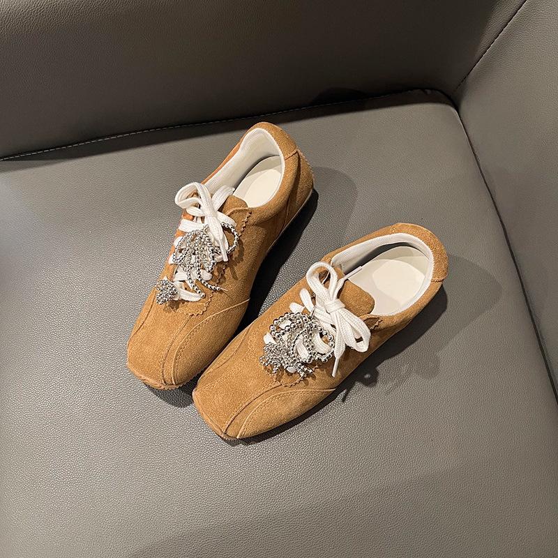 Měkká hovězí kůže~ pravá kůže retro čtvercová špička perlová mašle německé tréninkové boty dámské 2025 nové ležérní plátěné boty boty Forrest Gump