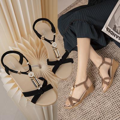 2025 Fashion Spring and Summer New Cross T-word with Wedge Heel Sandals Beaded Decorative Design Back Tripple Elastic Women's Shoes
