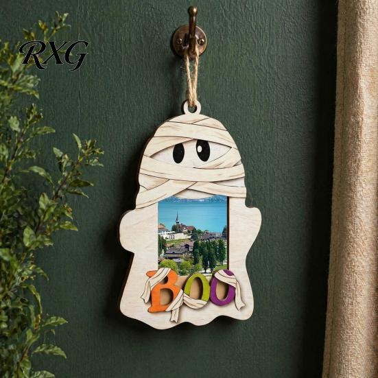 Solid Wood Photo Ornament Halloween Cute Ghost Wooden Frame with Hanging Rope, Creative Family Display Picture for Holiday Party Decor And Home