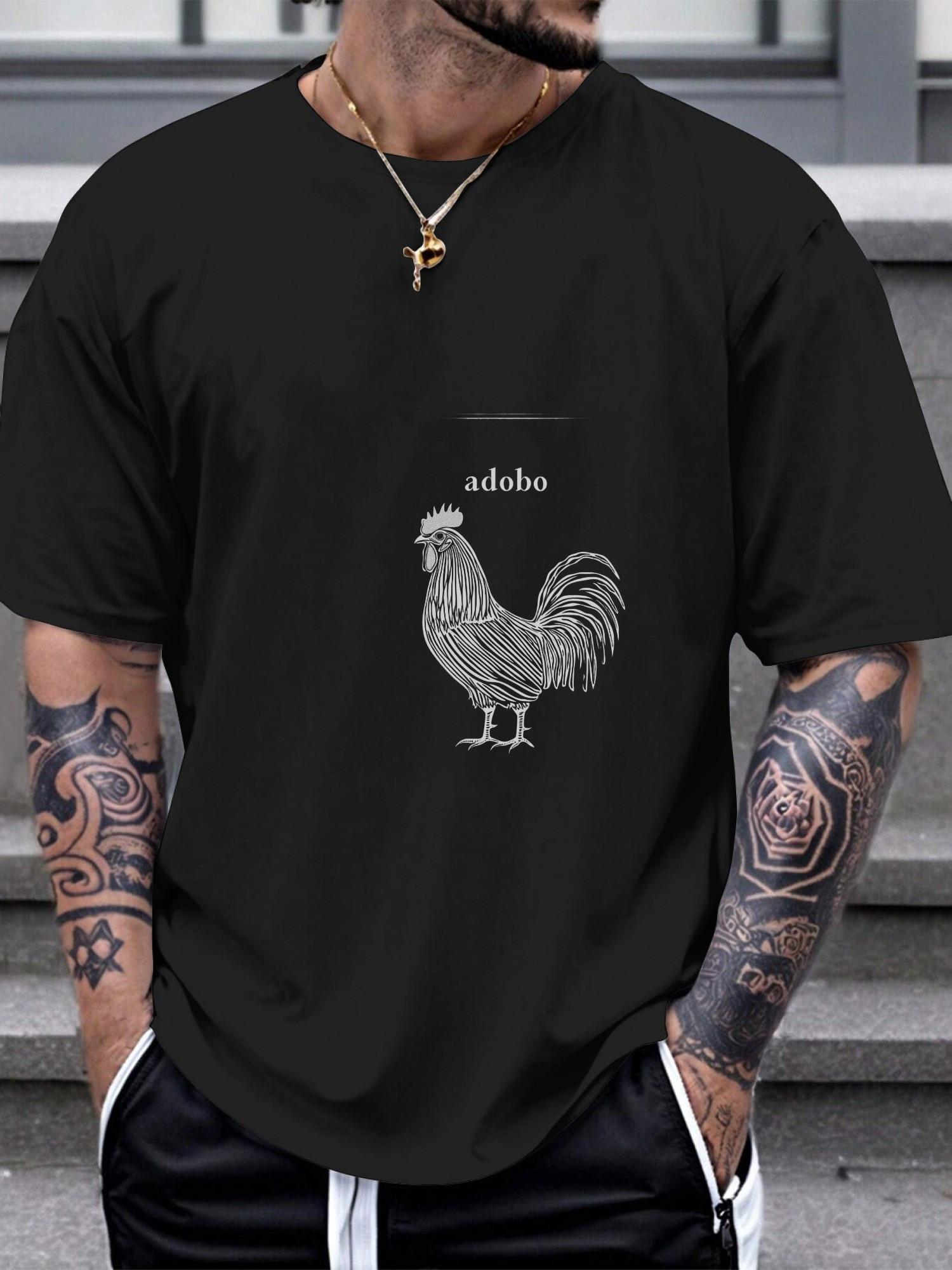 

1pc Casual Rooster & Adobo Graphic T-shirt - 180g Cotton Crew Neck Short Sleeve Tee with Single-Sided Print XXXL