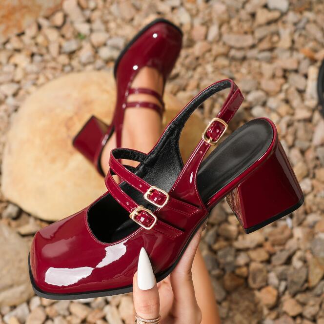 Size36-45 Women Slingback Chunky Heel Comfort Square Toe Pumps Mary Jane Baotou Women Sandals Summer Thick Heels High Heel Shoes